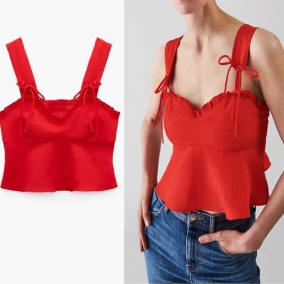 Zara Red Strappy Tied Cropped Linen Blend Top Size Medium - Picture 1 of 16